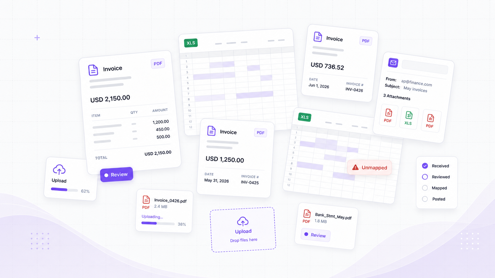 Blank software canvas showing invoices, spreadsheets, email attachments, and review badges waiting for finance processing